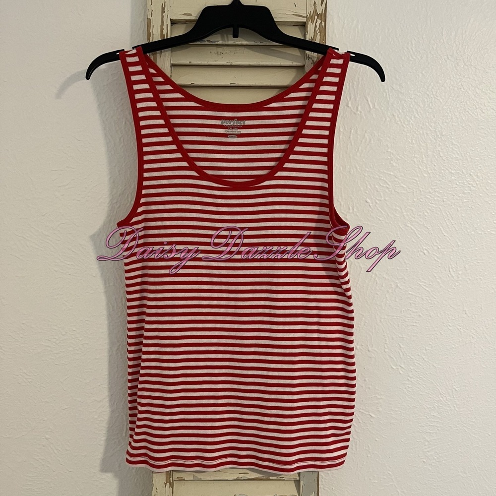 Women's Old Navy Perfect Red White Striped Scoop Tank‎ Top XXL Shirt Stretch
